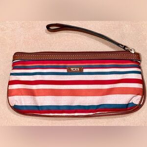 Tumi striped wallet wristlet with brown leather trim like new